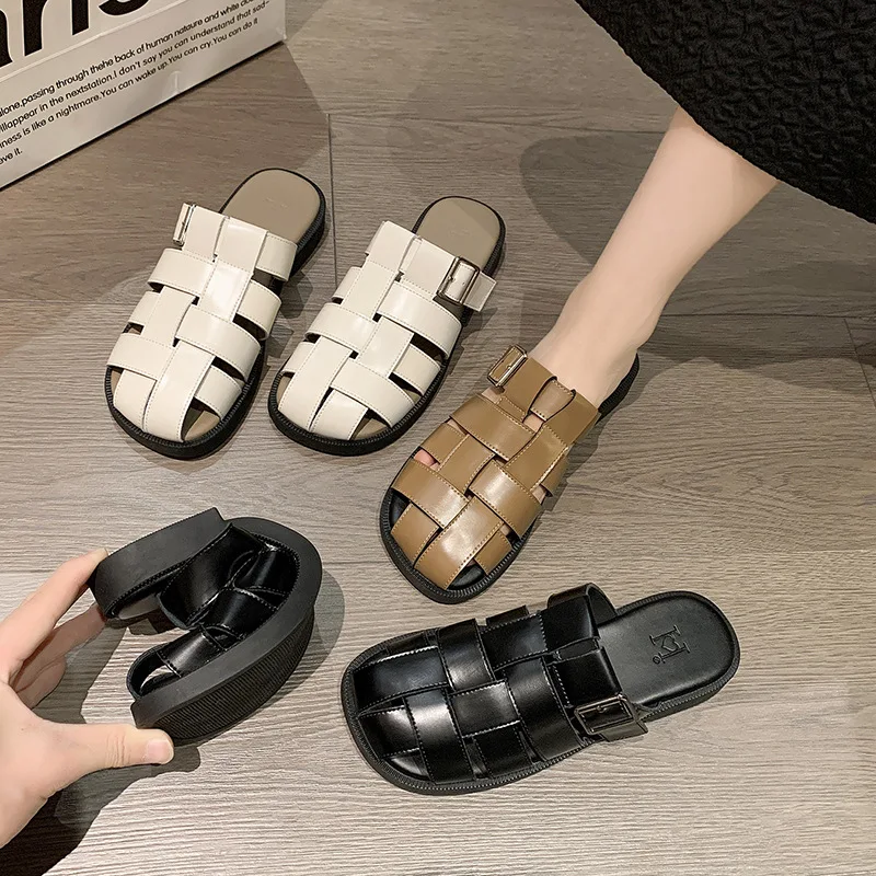 

Braided Slippers Women's Summer Wear Slip On 2023 New Roman Half Drag Flat Bottom All-match Casual Muller Shoes
