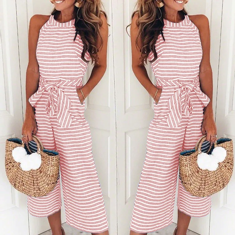 

Women Summer O-neck Bowknot Pants Playsuit Sashes Pockets Sleeveless Rompers Overalls Sexy Office Lady Striped Jumpsuits