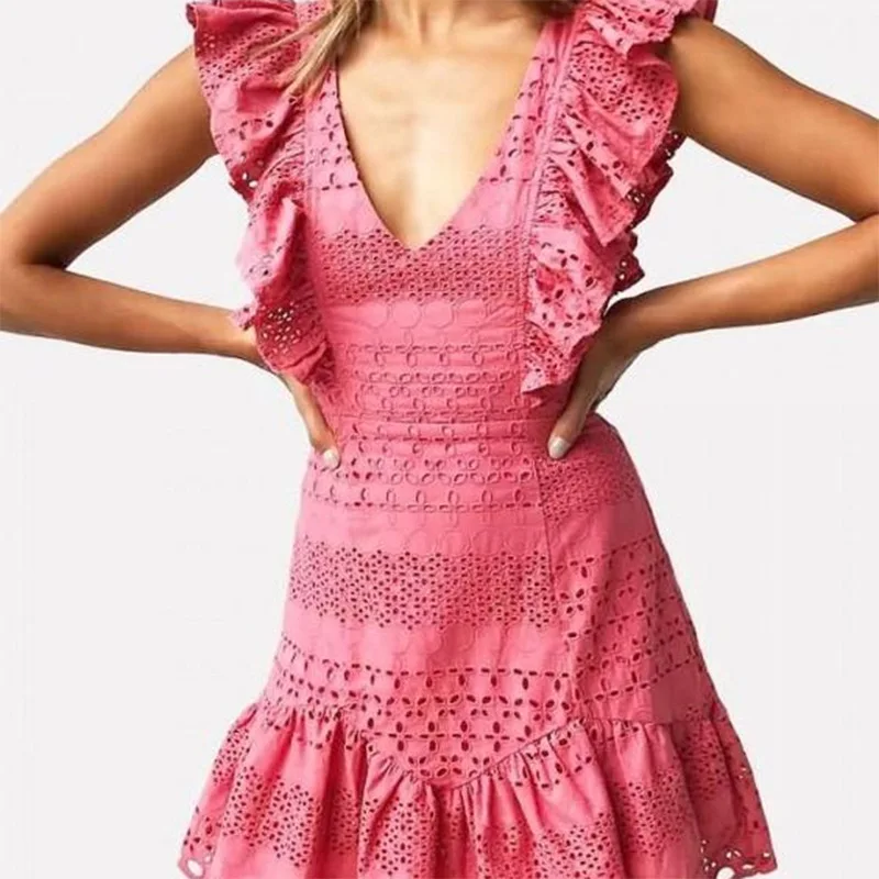 

Женское короткое платье с глубоким V-образным вырезом, повседневное облегающее платье-мини розового цвета с оборками, лето 2022