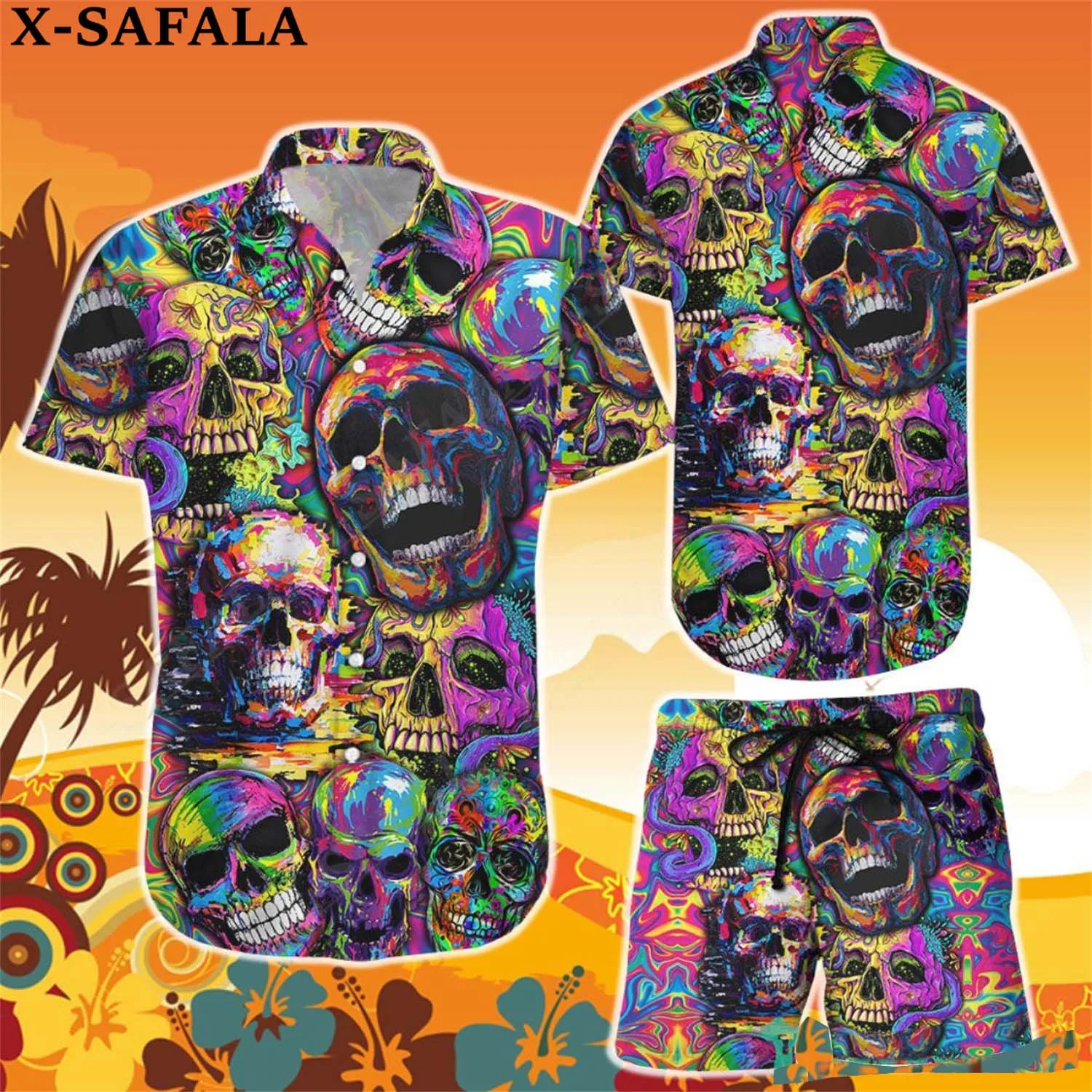 

Hippie Skull Life Is Colorful 3D Printing Summer Loose Baggy Casual Hawaiian Holiday Shirt Tee Man Woman Suit Related Gifts