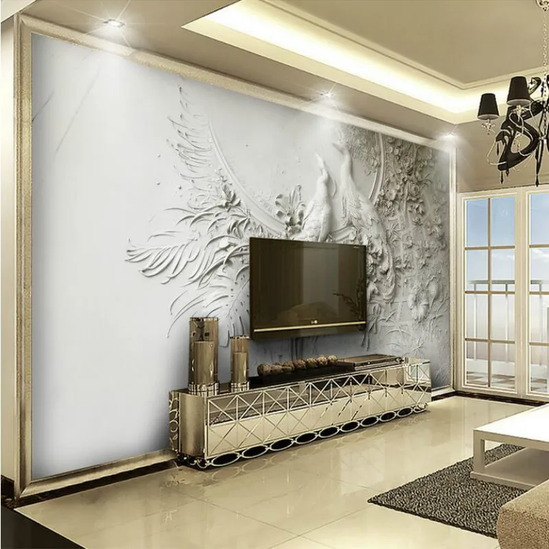 Стереоскопические обои с изображением павлина серые тисненые фрески для