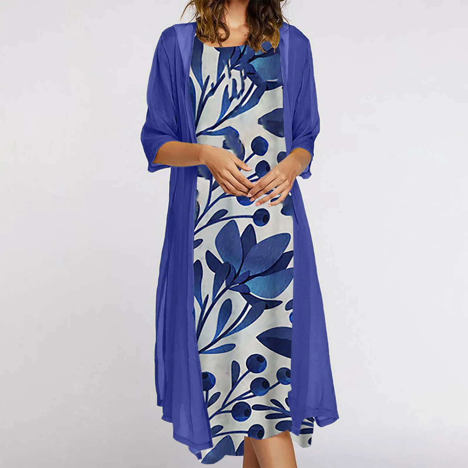

Vintage Robe Outfits Cardigan Long Tops + Casual O Neck Harajuku Floral Printed Long Dress Women Two Piece Set Dress Set