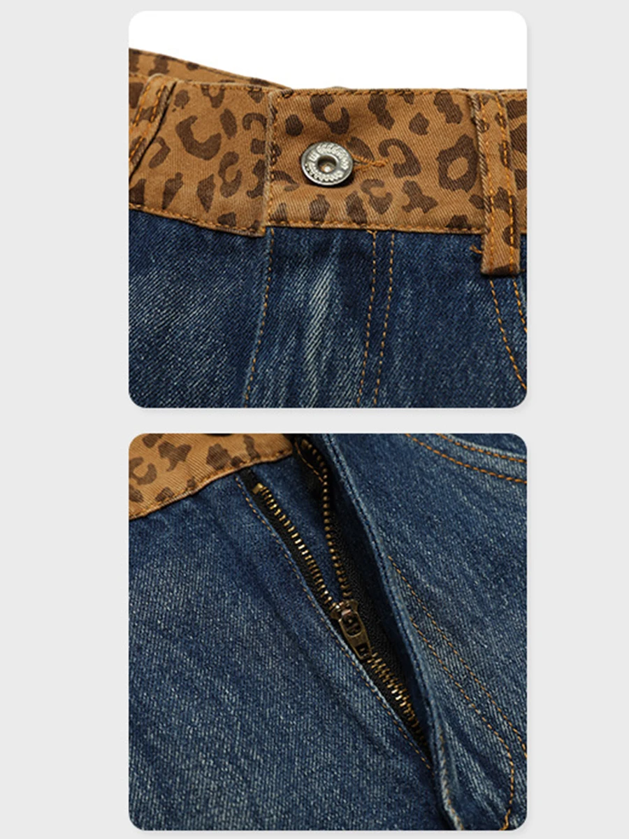 Four Seasons Trend Men Leopard Print Stitching Ripped Jeans Loose Casual Trousers Y2k Men Jeans Fashion Streetwear Ins Hot Sale