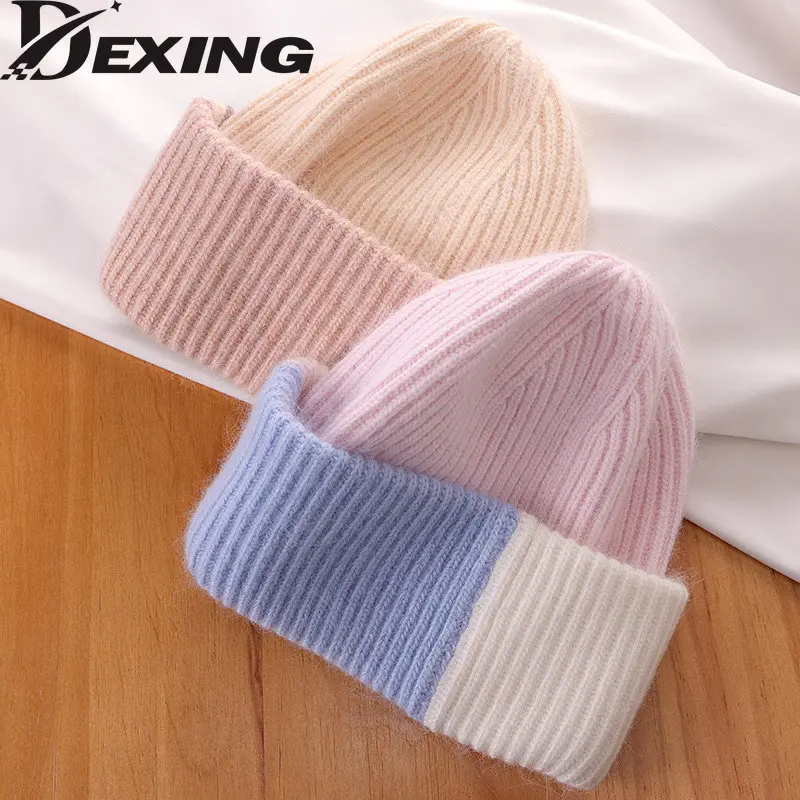 

2022 Angola Fluffyy Rabbit Fur Winter Hat for Women Soft Warm Double Color Beanies Ski Knit Hat Outdoor Skullies Wholesale Cap