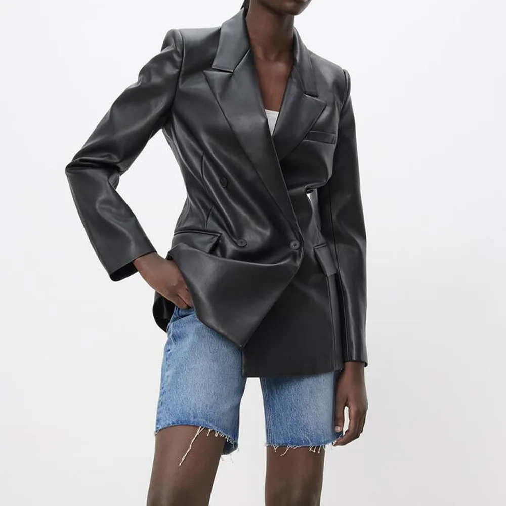 2021 Autumn and Winter Hot Sale New Women's Imitation Leather Slim Back Split Black Blazer Pu Jacket Button Mid-length Women