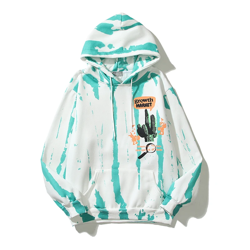 

Retro Tie Dye Catcus Jack Print Fleece Pullover Hoodies Mens and Womens Harajuku Streetwear Loose Oversized Hooded Sweatshirts