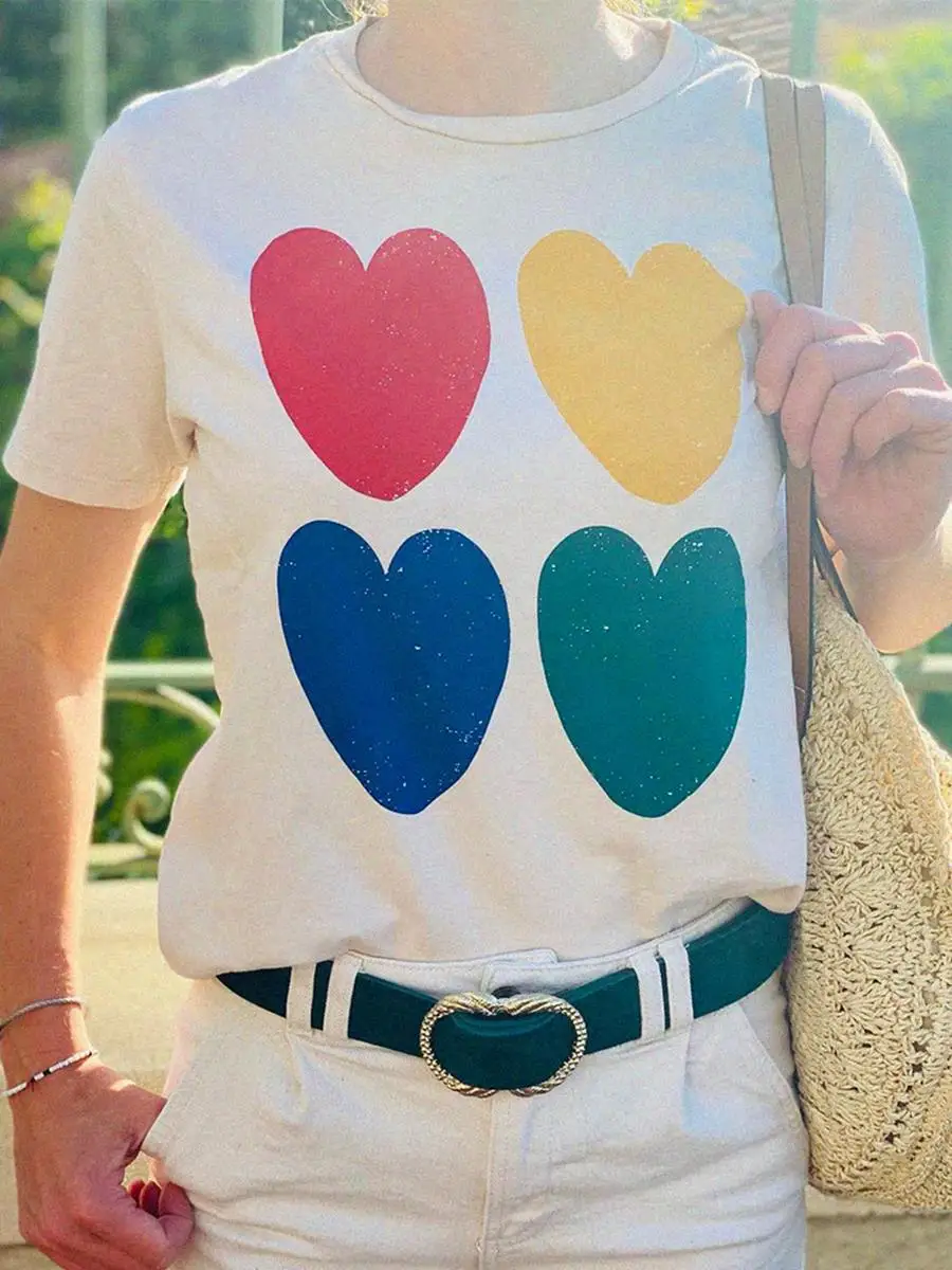 

Multicoloured Heart Tshirt Female Elegant O Neck Short Sleeve Organic Cotton Tshirts Hauts 2023 Woman Vintage Causal Tee Shirts