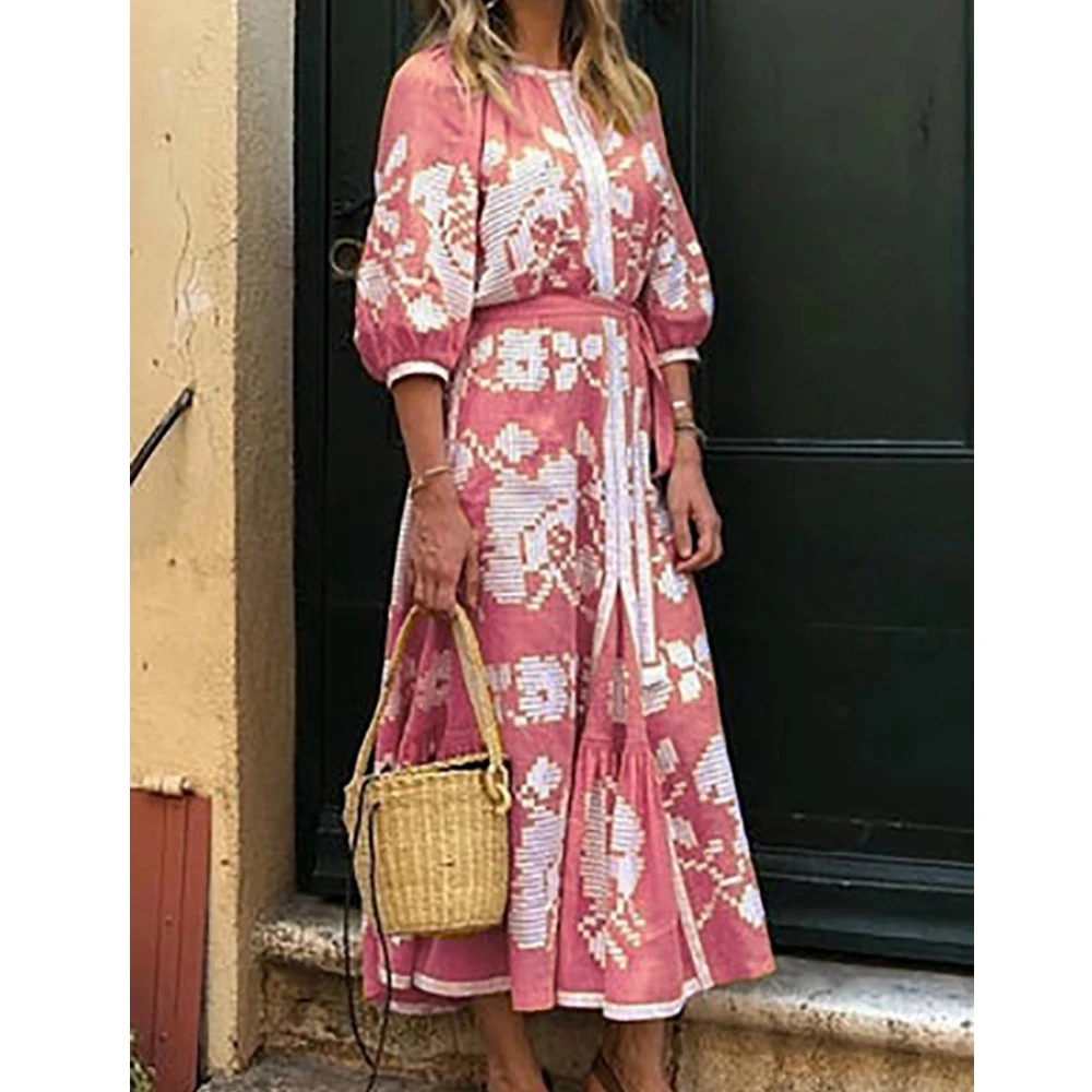

Платье Wepbel 2023 Bohe женское с коротким рукавом, круглым вырезом и принтом, свободное платье с высокой талией, облегающее длинное платье макси