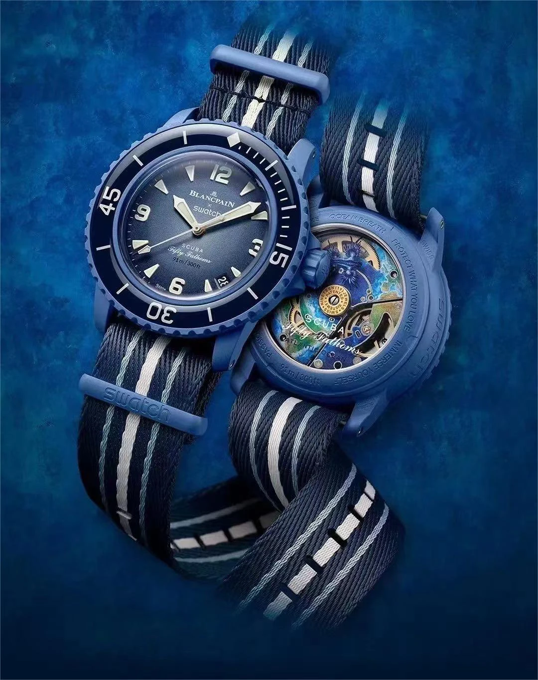 

Blancpain x Swatch men's automatic mechanical watch, multi -function dial, fishing net material strap ATLANTIC OCEAN