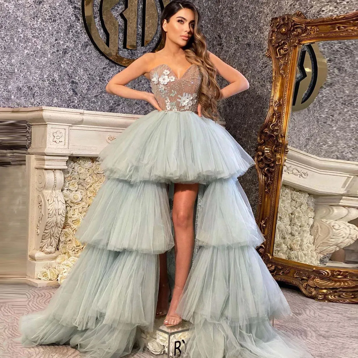

Elegant Light Green Evening Gown Women Party Dresses High Low Layered Tulle Beading Appliques Prom Formal Dress robes de soirée