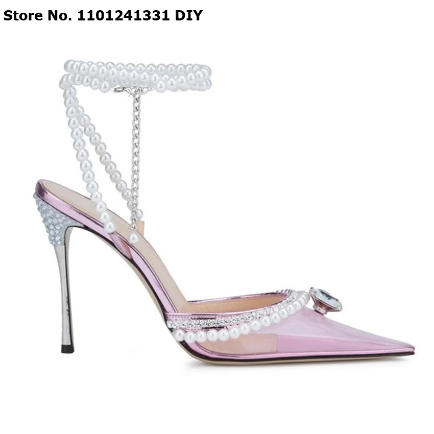 

Purpel Transpatent Pvc Designer Thin High Heel Pointed Toe Female Dress Shoes Women Big Diamond Ankle Pearls Pumps Stiletto