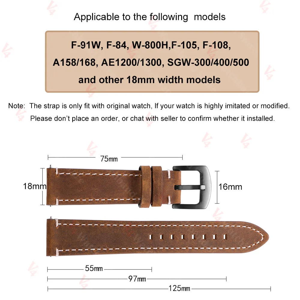Ремешок для часов из воловьей кожи 18 мм для Casio Mod Kit F91W W-800H SGW400 F84 F105108 A158168 AE12001300, винтажный ремешок для часов, браслет на запястье (art.: 3920cef5bc987) - 3920cef5bc987