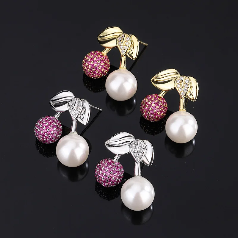 

Charms S925 Silver Needle Compact White Pearl Red Cherry Earring Fine Jewelry for Woman Korean Style Luxury Pretty Gift