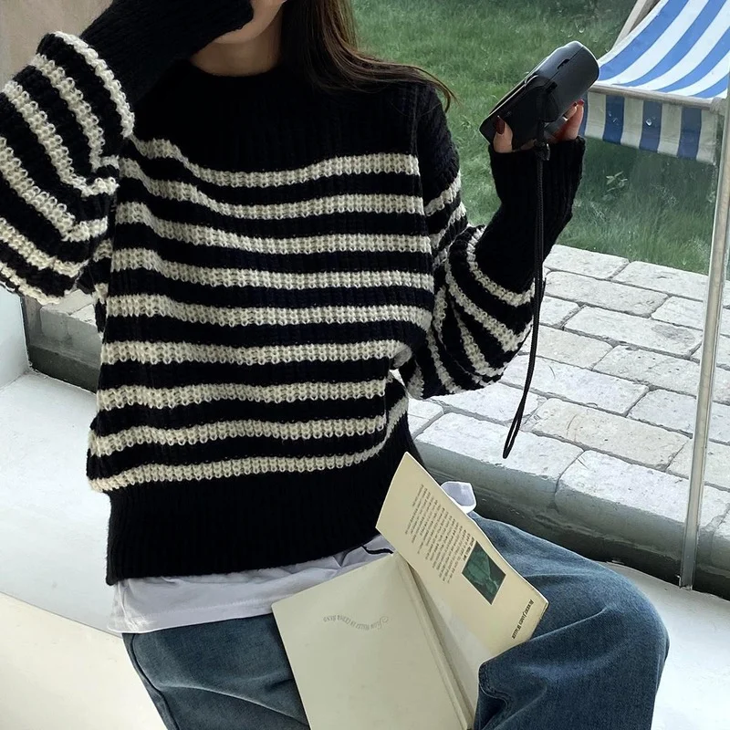 

Retro Women Korean Autumn Cozy Simple Striped Daily Knitted Spring Girls Popular Popular All-match Clothes Pullovers Style Loose