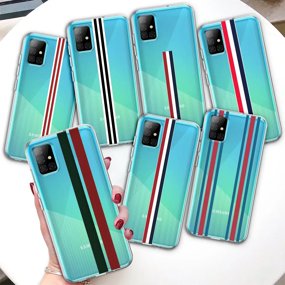 

Чехол для телефона Samsung Galaxy A53, A54, A13, A52, A12, A51, A32, A71, A21s, A31, A72, A41, A42, A73, прозрачный спортивный брендовый чехол в полоску