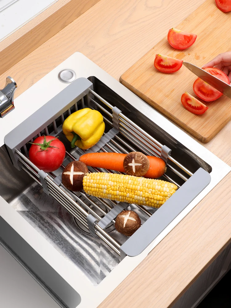 

Household Kitchen Adjustable Sink Rack Stainless Steel Expandable Dish Drainer Fruit Vegetable Holder Storage Container Basket