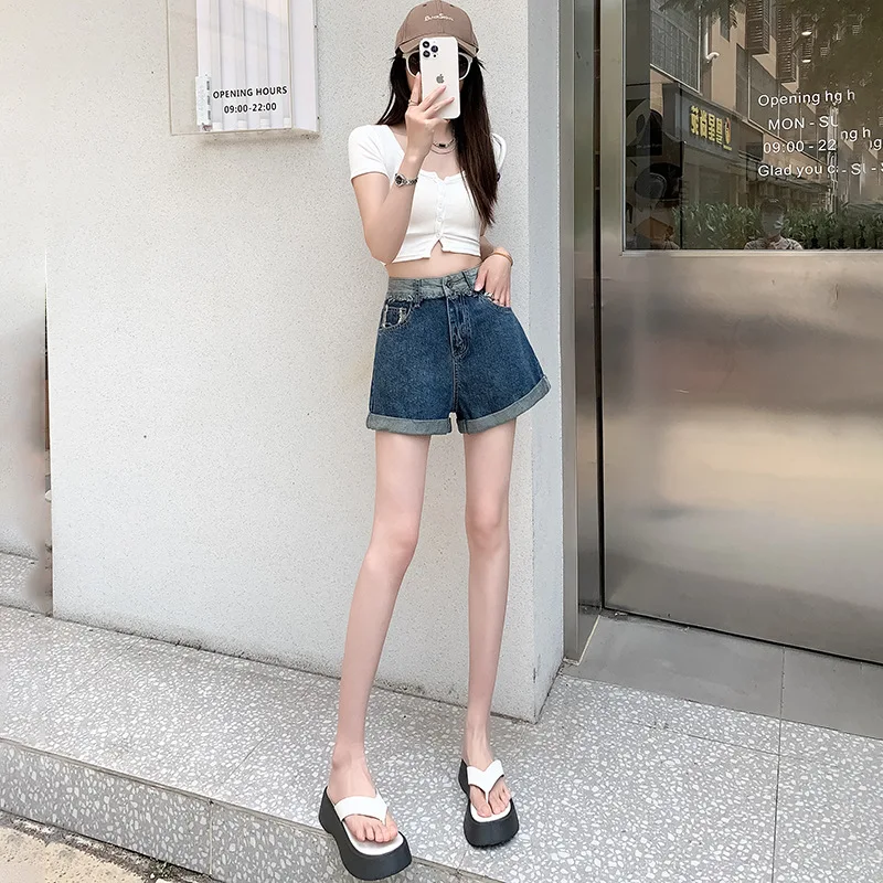Retro Denim Shorts For Women Summer 2023 Fashionable Splicing Curled Edges With Pocket Hot Pants Ladies Casual Wide Leg Pants