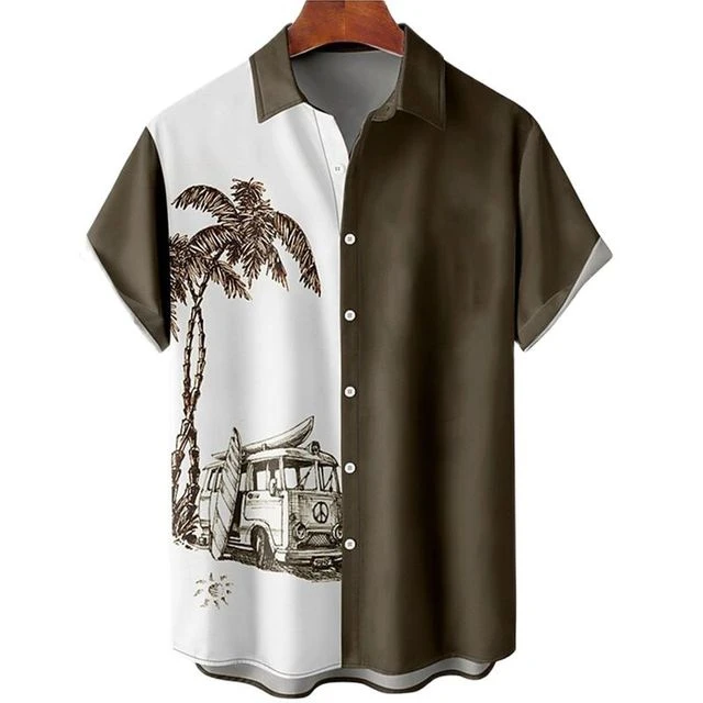 2023 summer new Hawaiian men's short-sleeved shirt, 3D coconut tree print shirt, holiday and beach, oversized