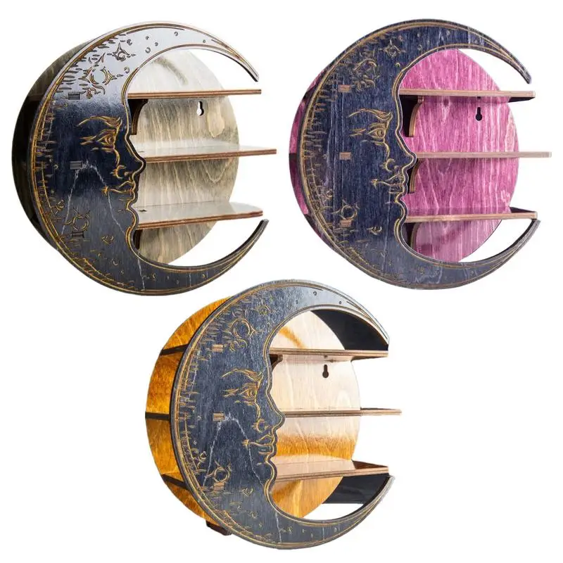 

Moon Shelf Wall Premium Wood Wall Mounted Floating Shelves Rustic Black Crystals Cre-scent Moon Shelf Living Room Gothic Decor