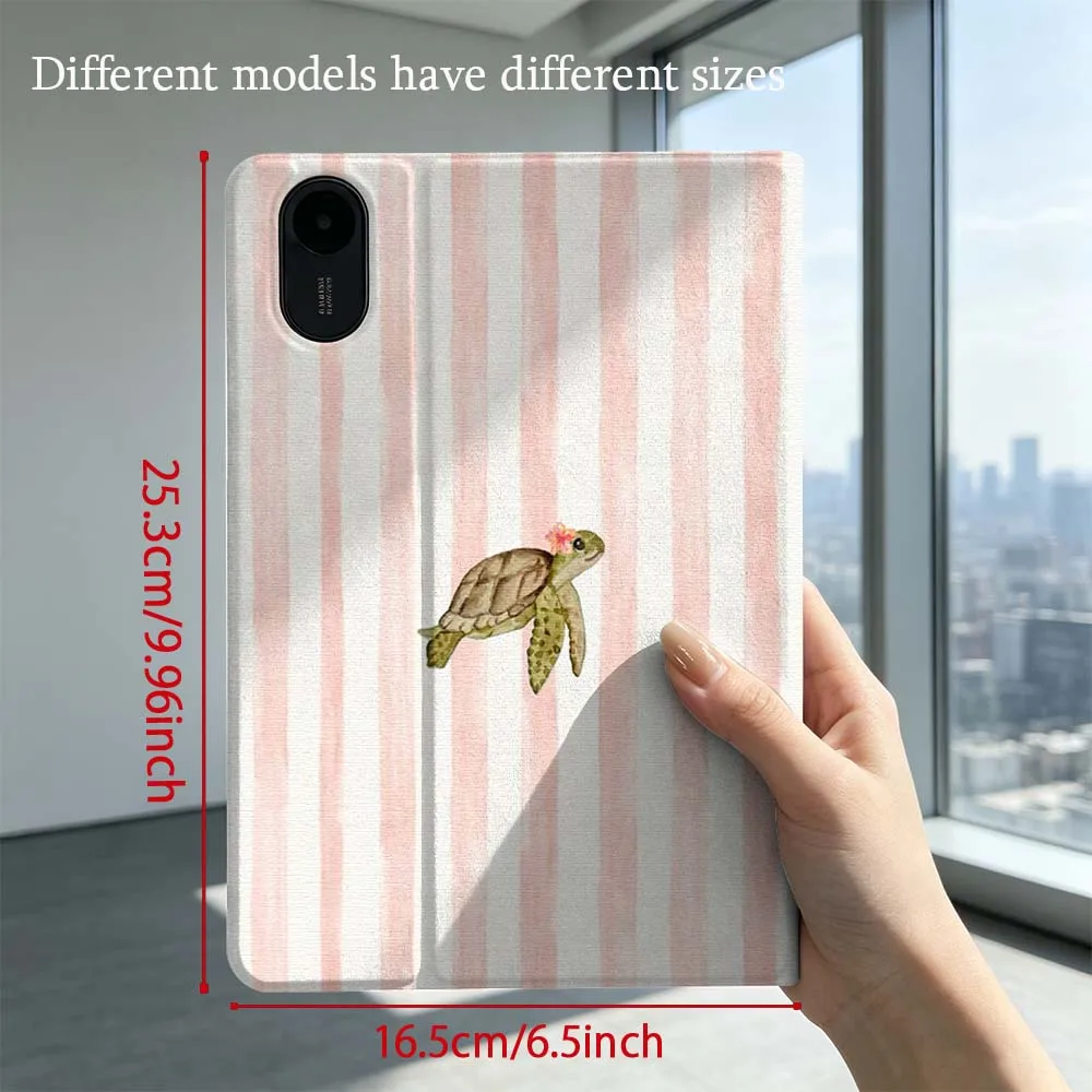 Фото Чехол-подставка для планшетов Xiaomi Poco Redmi Pad 8, 2, 4, C1, 6, 6S, 7, 7S, SE 9.7, 14, 11, 11.2, 12.1, 12.5 дюймов с рисунком черепахи и розовыми полосками №4