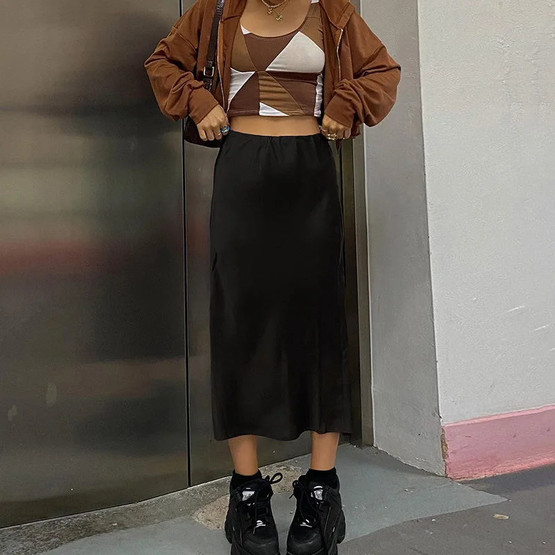 

Casual Loose High Waisted Midi Skirts Femme Jupe Longue Women Sexy Side Slit Skirt A Line Streetwear Vintage Y2k Black Brown