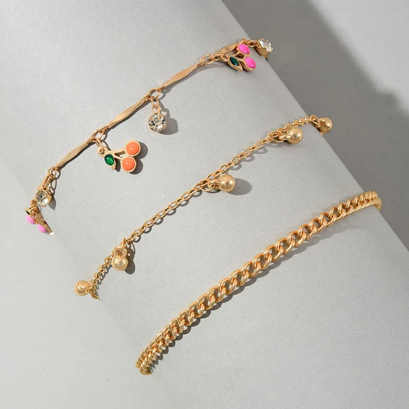 New European and American Coloured Oil-dripping Cherry Ball Pendant Chain Triple Anklet with Diamond Multi-layered Footwear