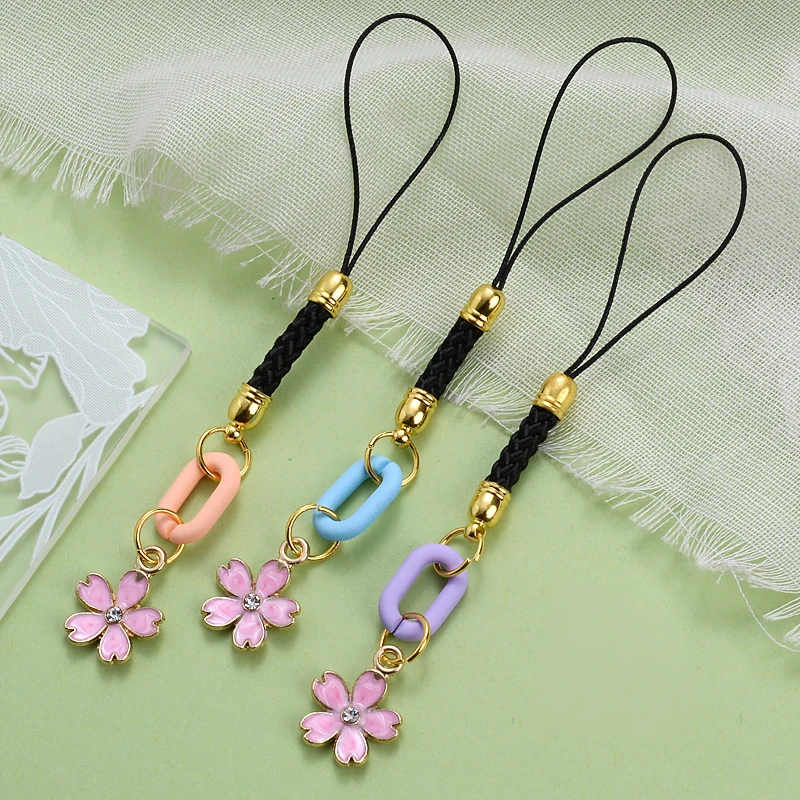 1Pcs Metal Mobile Phone Pendant Pink Flower Petals Ladie Gift Diagonal Phone Lanyard Anti-Lost Key Chain Accessories Decoration
