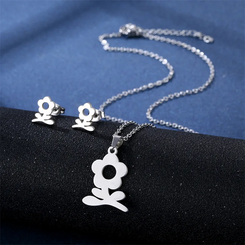 

Stainless Steel Silver Color Flower Pendant Chain Necklace Stud Earring for Women Party Birthday Fashion Jewelry Set Gift
