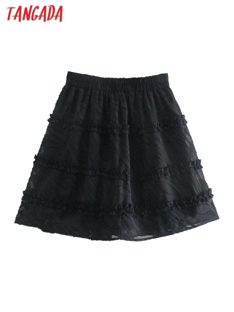

Tangada 2022 women black ruffles skirts strethy waist French style female mini skirt 1F19