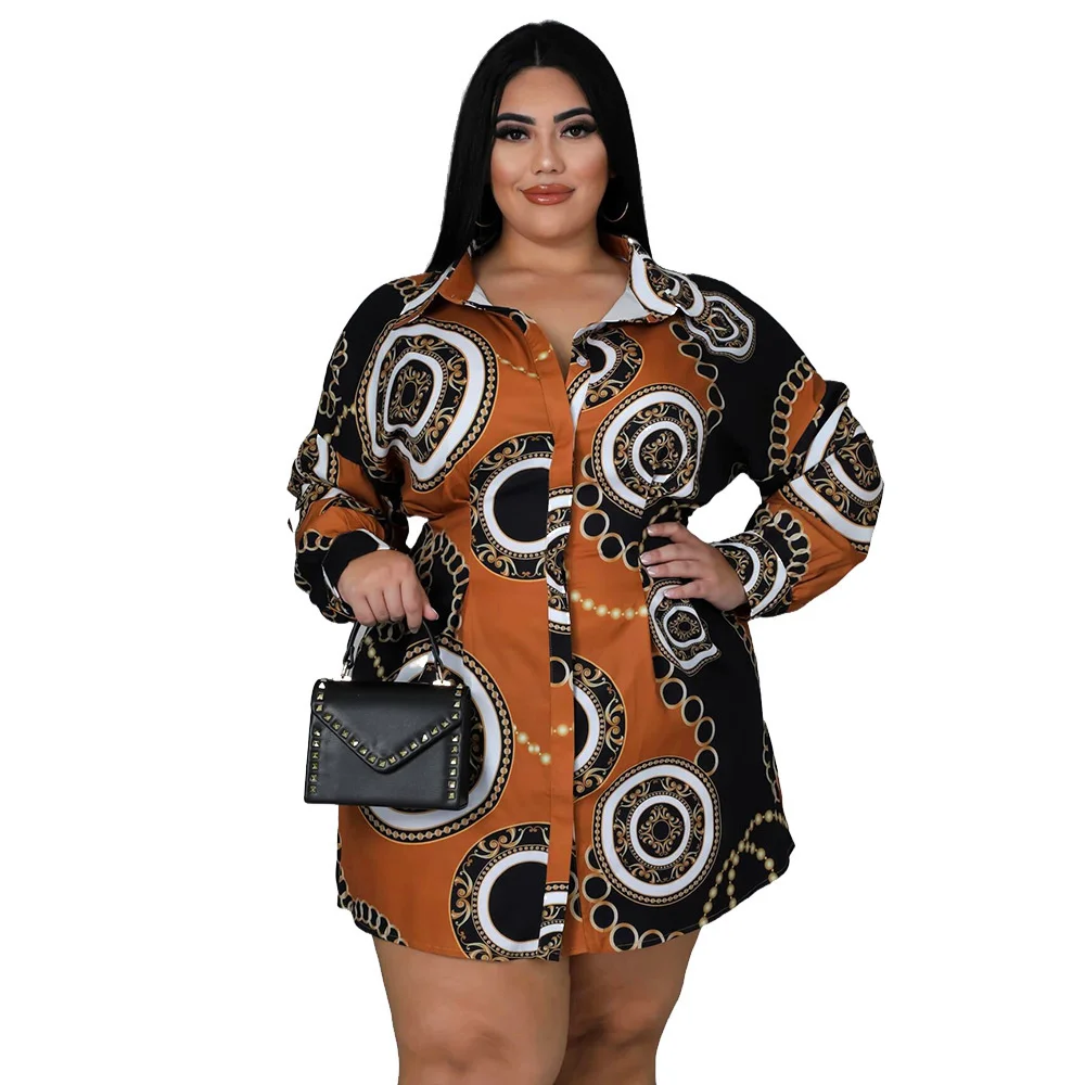 Plus Size Women Shirt Dresses Fashion Print Multicolor Large Size Ladies Long Sleeve Shirt Dress Casual Loose Lapel Tops Female