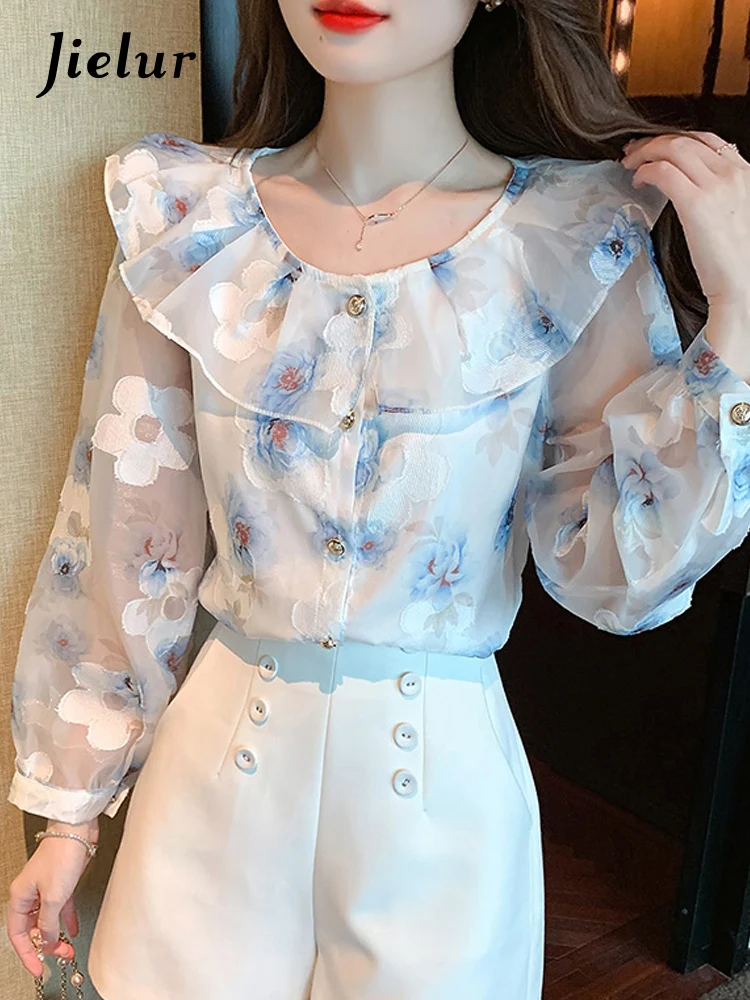 

Jielur Elegant Office Lady Long Sleeve Blouse Women Ruffles Flower Print Chiffon Shirts Ladies Summer Casual Tops Blouses Female