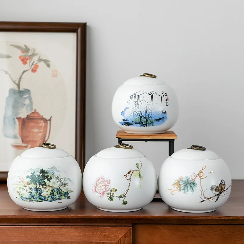 

White Ceramic Flower and Bird Pot Sealed Tea Pot with Lid Candy Snack Coffee Beans Dry Goods Storage Box Kitchen Container Gift