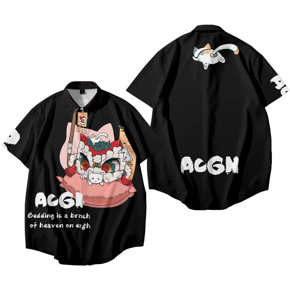 

Cartoon Lion Dance Cat Printed Summer Hawaiian Streetwear Fashion Casual Short Sleeve Beach Shirt Camisa