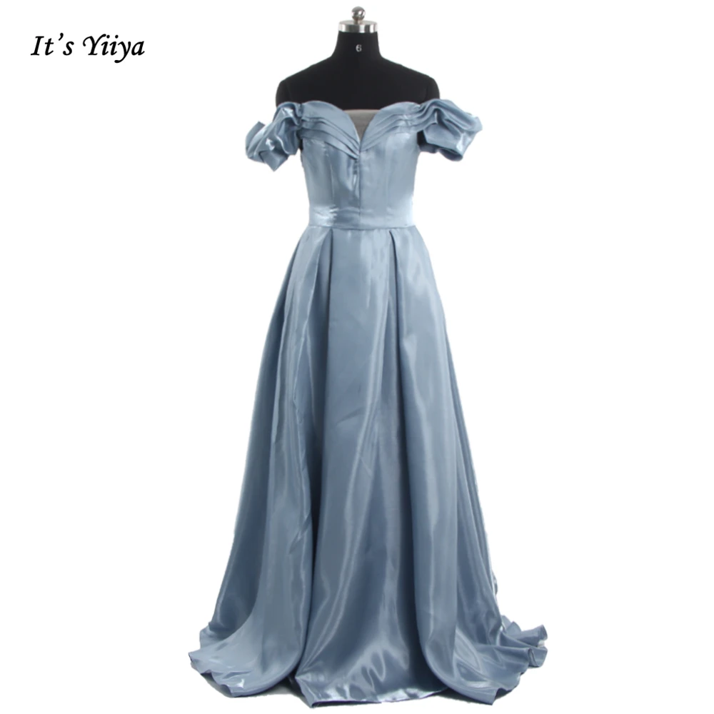 

It's Yiiya Evening Dresses Blue Off the Shoulder Short Sleeves Pleat A-line Floor Length Plus size Lace up Party Dress B1533