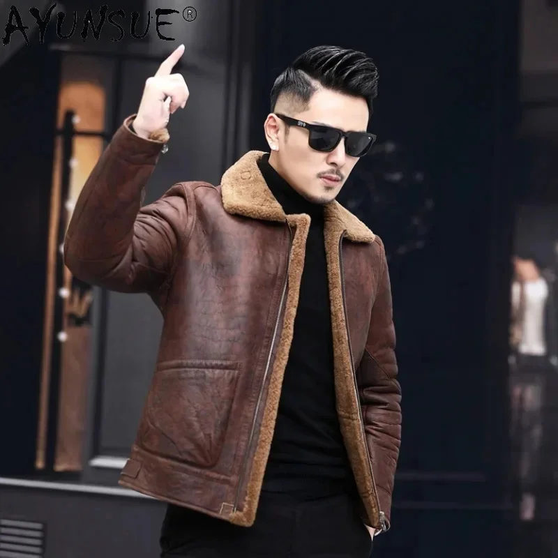 AYUNSUE шубы из натуральной овечьей шерсти мужские кожаные куртки 2025 зимние осенние