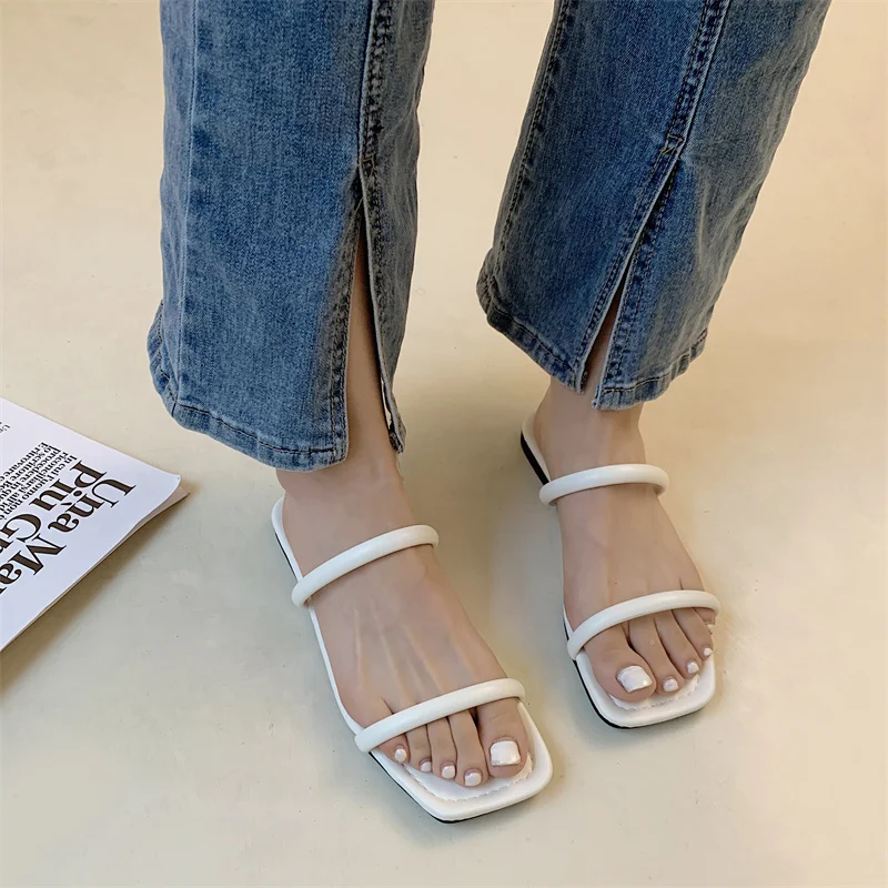 

COOTELILI 2023 Fashion Slippers Women Flats Summer Women Slippers Slip On Square Toe Flat Heel Casual 35-40