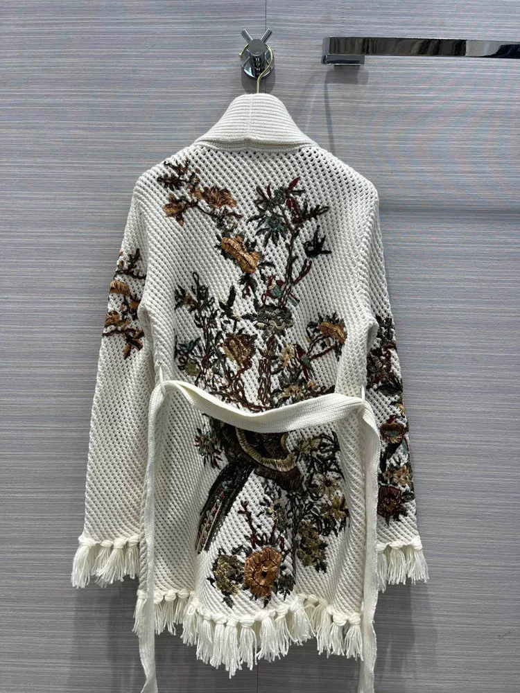

Vintage Woolen Long Sweater Cardigan with Belt 2022 Women Heavy Industry Flower Embroidery Tassel Wool Knitted Sweater Coat