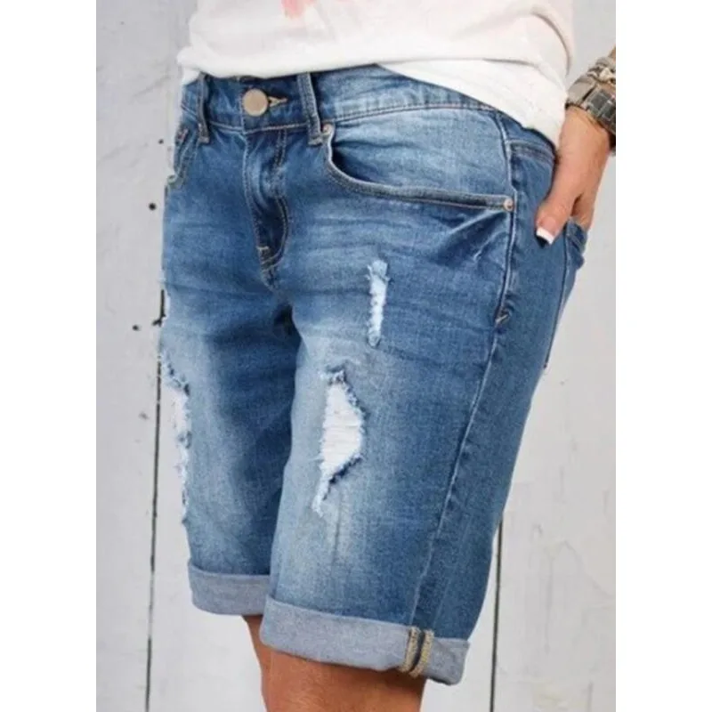 

Women Vintage Ripped Denim Shorts Casual Summer Elastic Mid Waist Hole Straight Jeans Y2K INS Clothes Streetwear