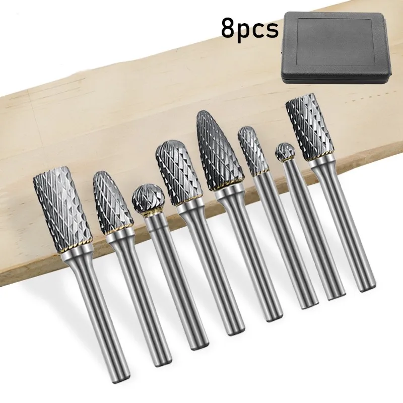 

8Pcs Double Groove Rotary File Tungsten Steel Grinding Head Carbide Grinding Head Rotary File Tungsten Steel Milling Cutter Set