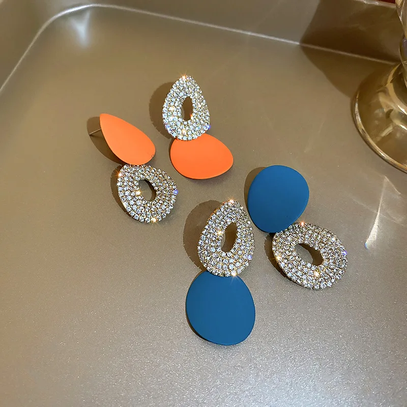 Женские асимметричные серьги, оранжевые, синие серьги с полными стразами, геометрические, круглые, ювелирные украшения для вечеринок