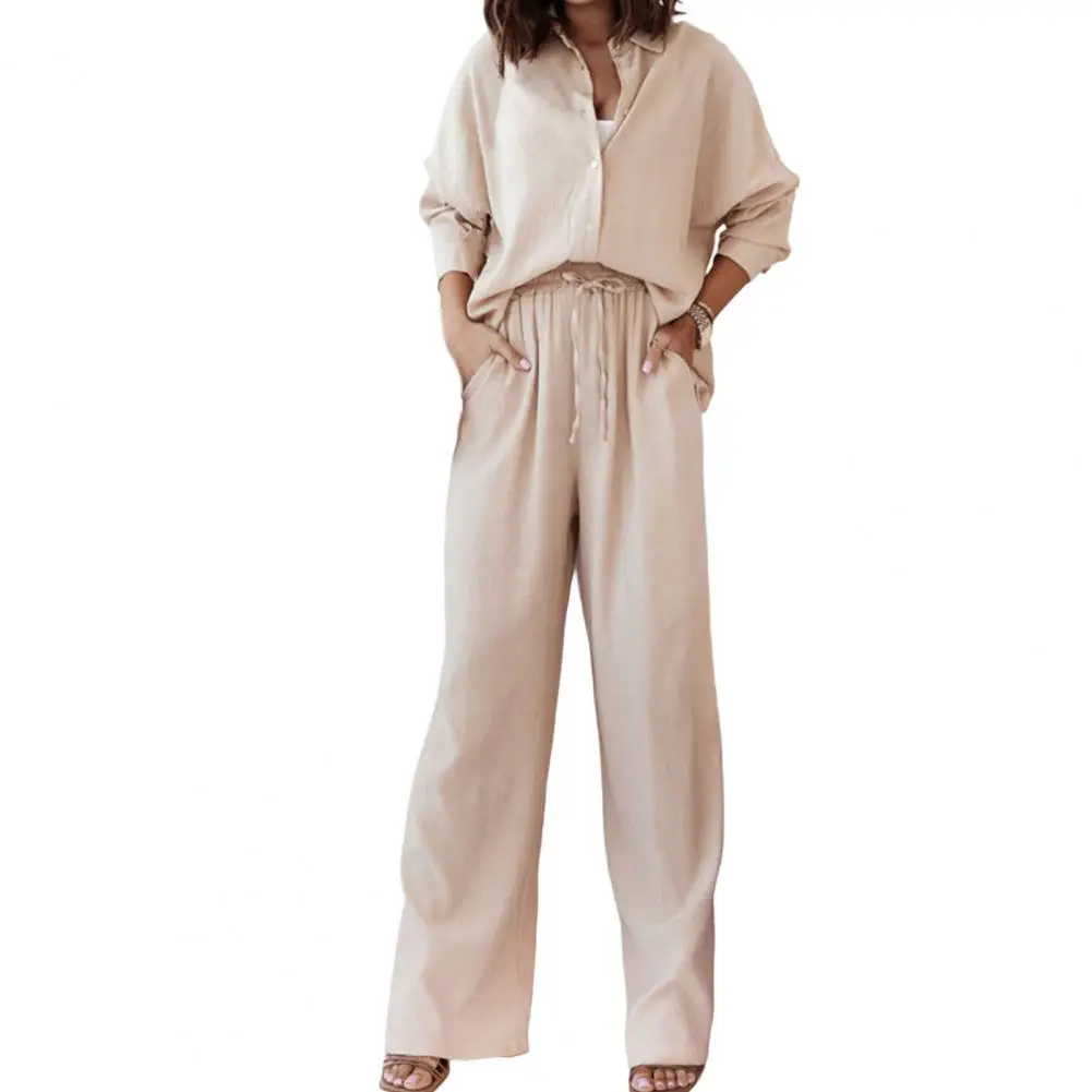 

2 Pcs/Set blazer sets Women Blouse Pants Set Full Length Elastic Waist Deep Crotch Fall Shirt Pants Suit Female Clothes