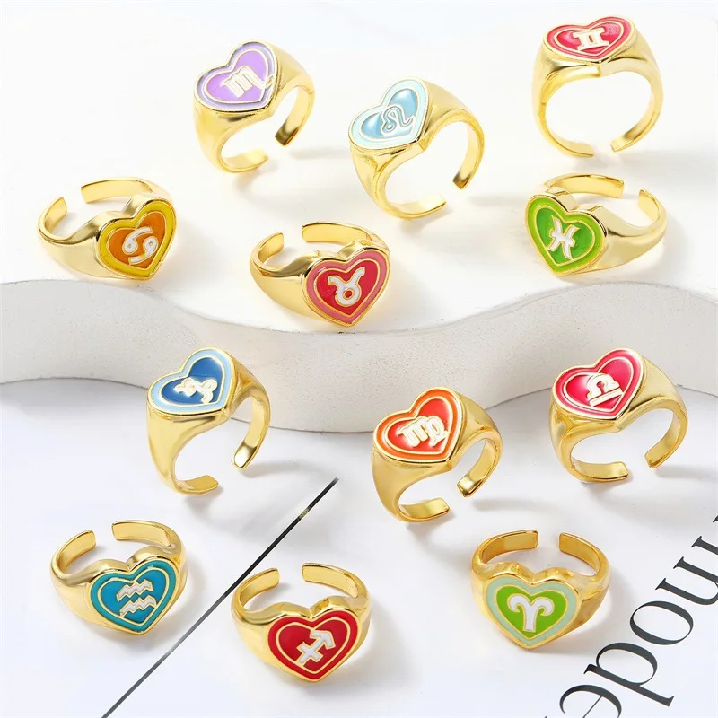 

Fashion Colorful Constellation Epoxy Drip Oil Geometric Heart Opening Adjustable Metal Ring For Women Girls Lucky Jewelry Gifts