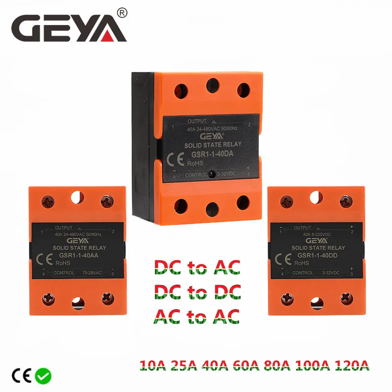 

GEYA GSR1-1 SSR DC-AC DC-DC AC-AC Single Phase Solid State Relay 10A 25A 40A 60A 80A 100A 120A Without Cover