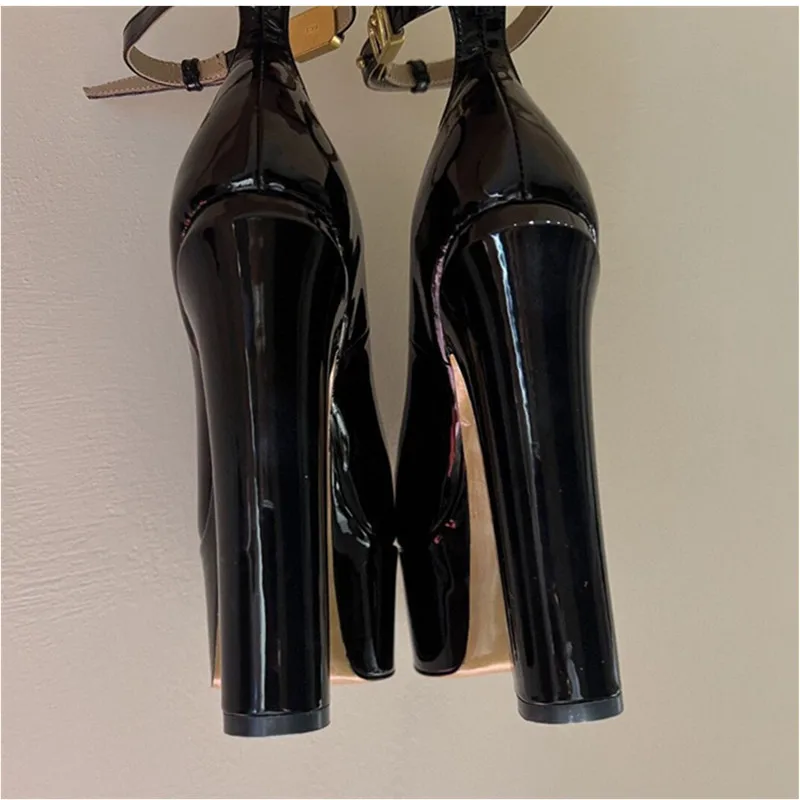 Women's Ultra-High Heels Fashion Sandals Thick Soled Patent Leather Round Head Buckle Shoes Banquet Temperament Candy Sandals
