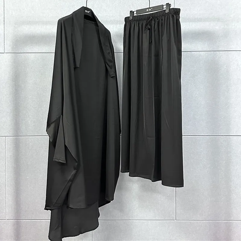 Solid Color Hooded Muslim Women Hijab Dress Eid  Ramadan Islamic Jilbeb 2 Piece Set Islamic  Long Dresses Muslim Saudi Robe