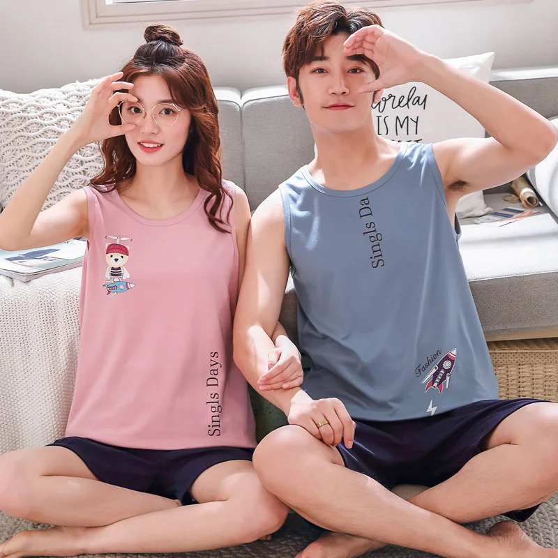Летние хлопковые жилет для пары пижамные комплекты Мультяшные пижамы топы без