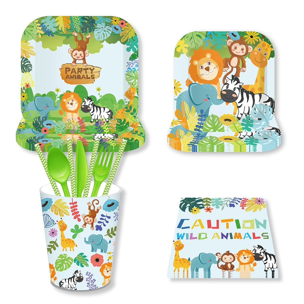 

Cartoon Jungle Animals Party Paper Disposable Tableware Sets Plates Cups Napkins Lion Tiger Wild One Party Dinner Set Supplies