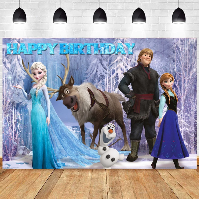 

Disney Frozen Anna Elsa Photography Backdrops Girls Happy Birthday Party Decoration Vinyl Children Photo Studio Props Background
