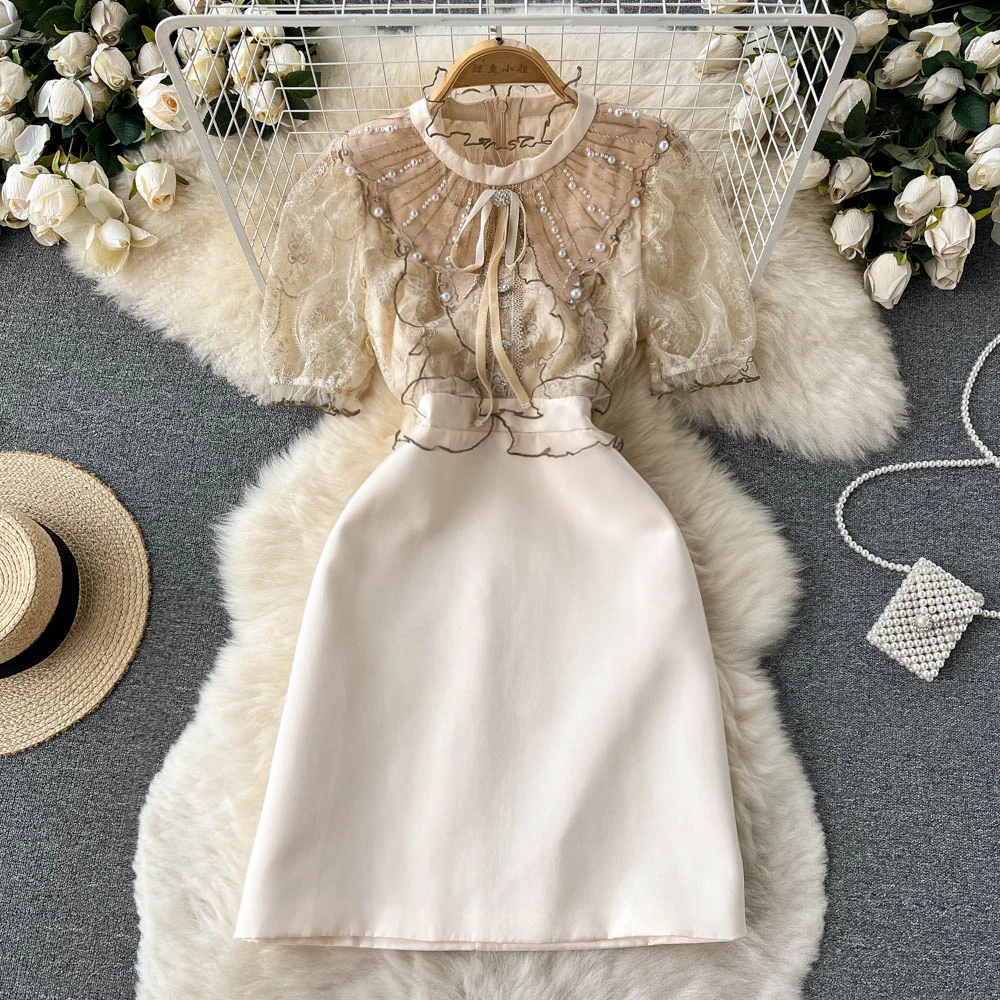 

Summer 2022 New Fashion Women Banquet Evening Dress Retro Palace Round Neck Beads Short Sleeve Elegant Korean Vestidos G301