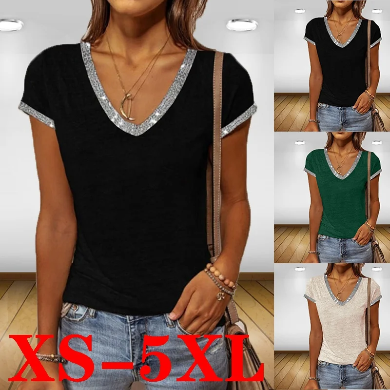 

Women's Summer Print Loose Short Sleeve T-Shirt Casual Floral V-Neck Plus Size Top XS-9XL